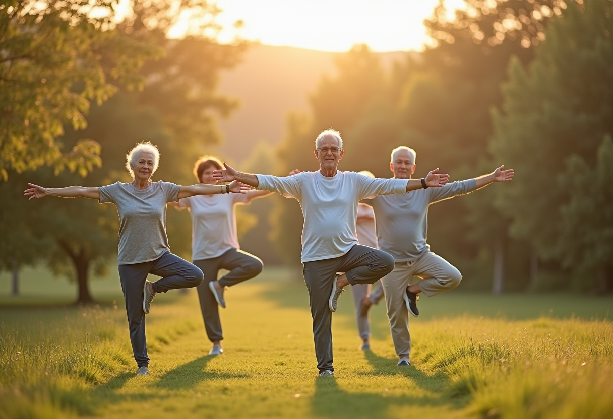 Група людей старшого віку практикує йогу на природі